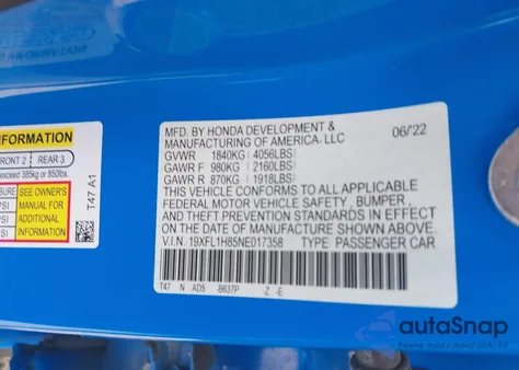 2022 Honda Civic Sport Touring from USA, damaged, VIN 19XFL1H85NE017358